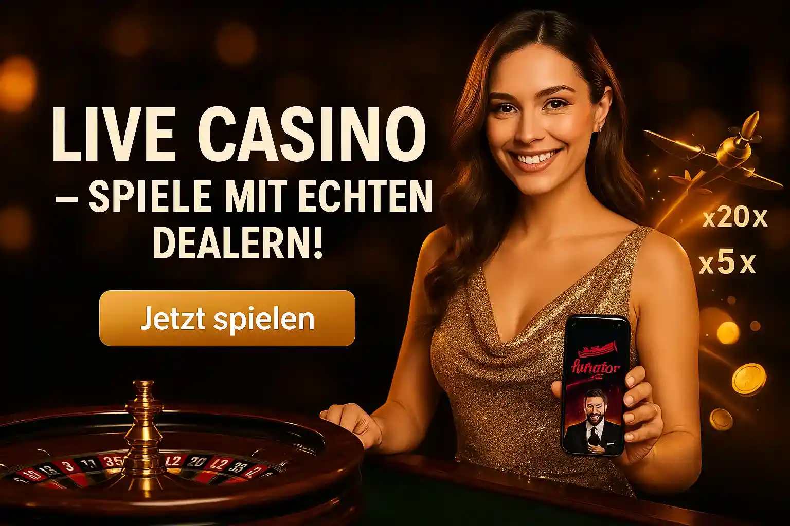 Cleobetra Live Casino - Echte Dealer und authentische Spielerfahrung Cleobetra Live Casino mit echten Dealern - Frau im goldenen Kleid am Roulette-Tisch, zeigt Aviator-Spiel auf Smartphone