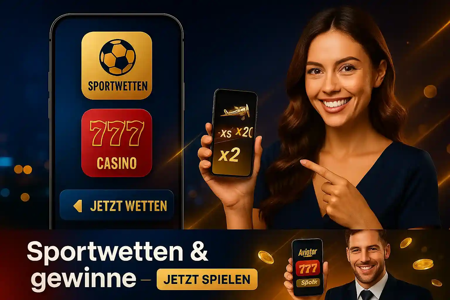Cleobetra Mobile - Sportwetten und Casino in einer praktischen App Cleobetra Sportwetten & Casino App - Frau und Mann zeigen Smartphones mit Sportwetten, Casino-Slots und Aviator-Spiel