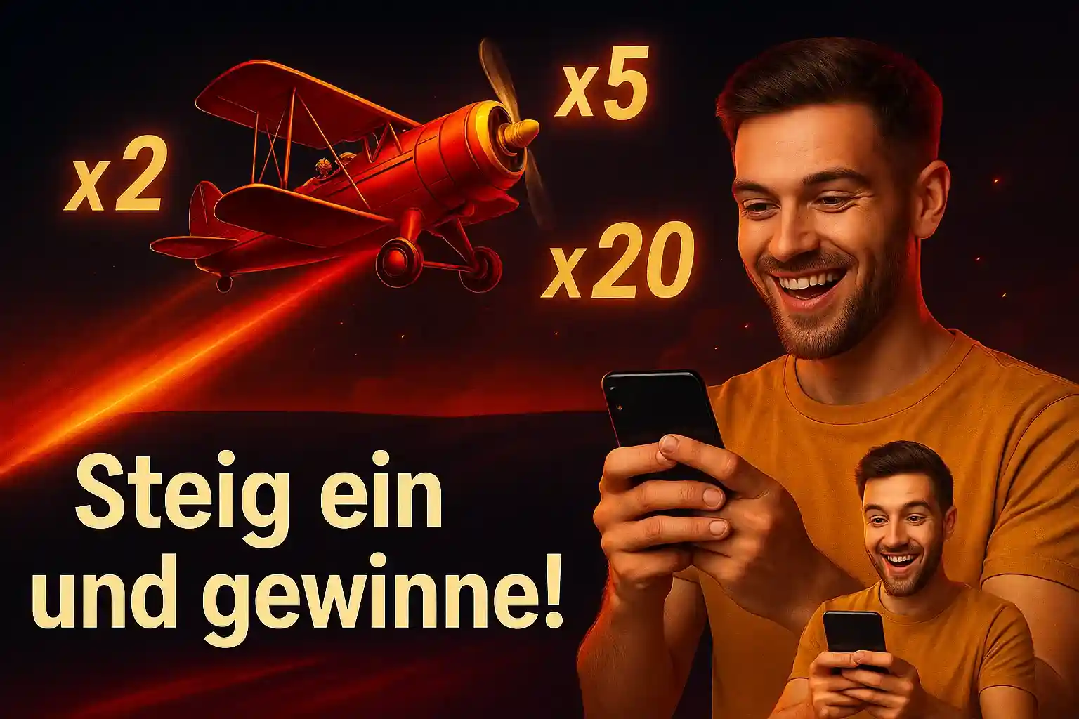 Cleobetra Aviator - Steige ein und gewinne mit hohen Multiplikatoren Cleobetra Steig ein und gewinne - Lächelnder Mann mit Smartphone, rotes Flugzeug mit x2, x5, x20 Multiplikatoren im Hintergrund