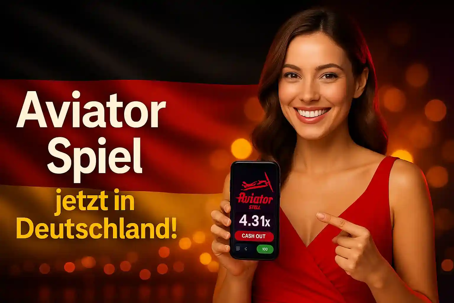 Cleobetra Aviator - Jetzt in Deutschland verfügbar mit hohen Gewinnen Cleobetra Aviator Spiel jetzt in Deutschland - Frau im roten Kleid zeigt Handy mit 4.31x Multiplikator, Cash Out Funktion verfügbar