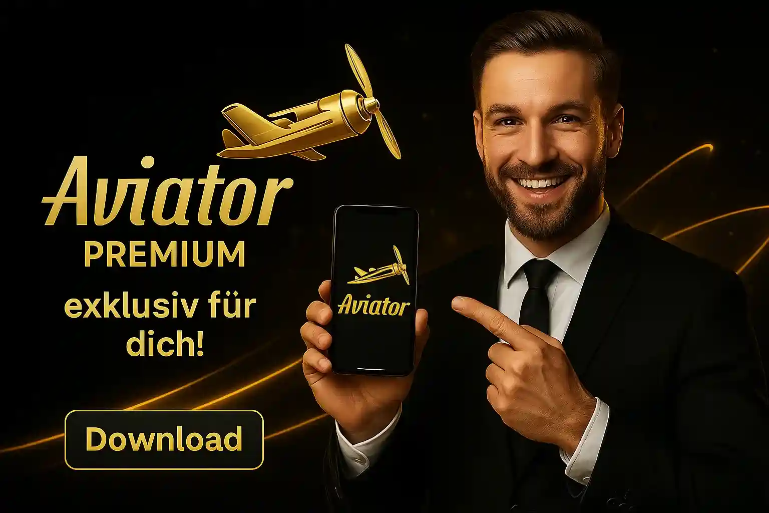 Cleobetra Aviator Premium - Exklusiver Zugang zu goldenen Gewinnen Cleobetra Aviator Premium exklusiv - Eleganter Mann im Anzug präsentiert goldenes Flugzeug auf Smartphone, luxuriöse Atmosphäre