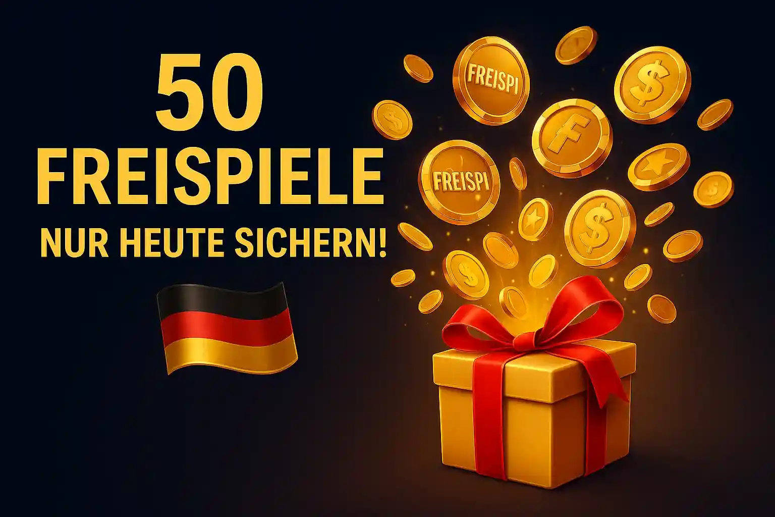 Cleobetra 50 Freispiele nur heute sichern - Goldene Geschenkbox mit deutschen Flagge, fliegende Freispiel-Münzen und Dollar-Symbole