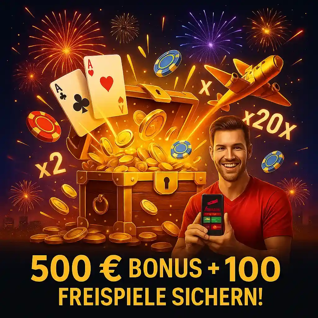 Cleobetra 500€ Bonus + 100 Freispiele - Mann mit Smartphone vor Schatztruhe, Spielkarten, Chips und Feuerwerk, goldene Multiplikatoren