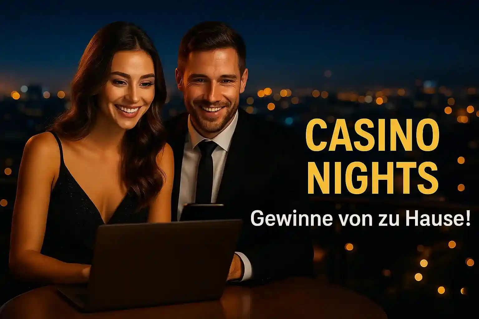 Cleobetra Casino Nights - Gewinne bequem von zu Hause Cleobetra Casino Nights - Elegantes Paar in Abendkleidung mit Laptop, Stadtlichter im Hintergrund, Gewinne von zu Hause Text