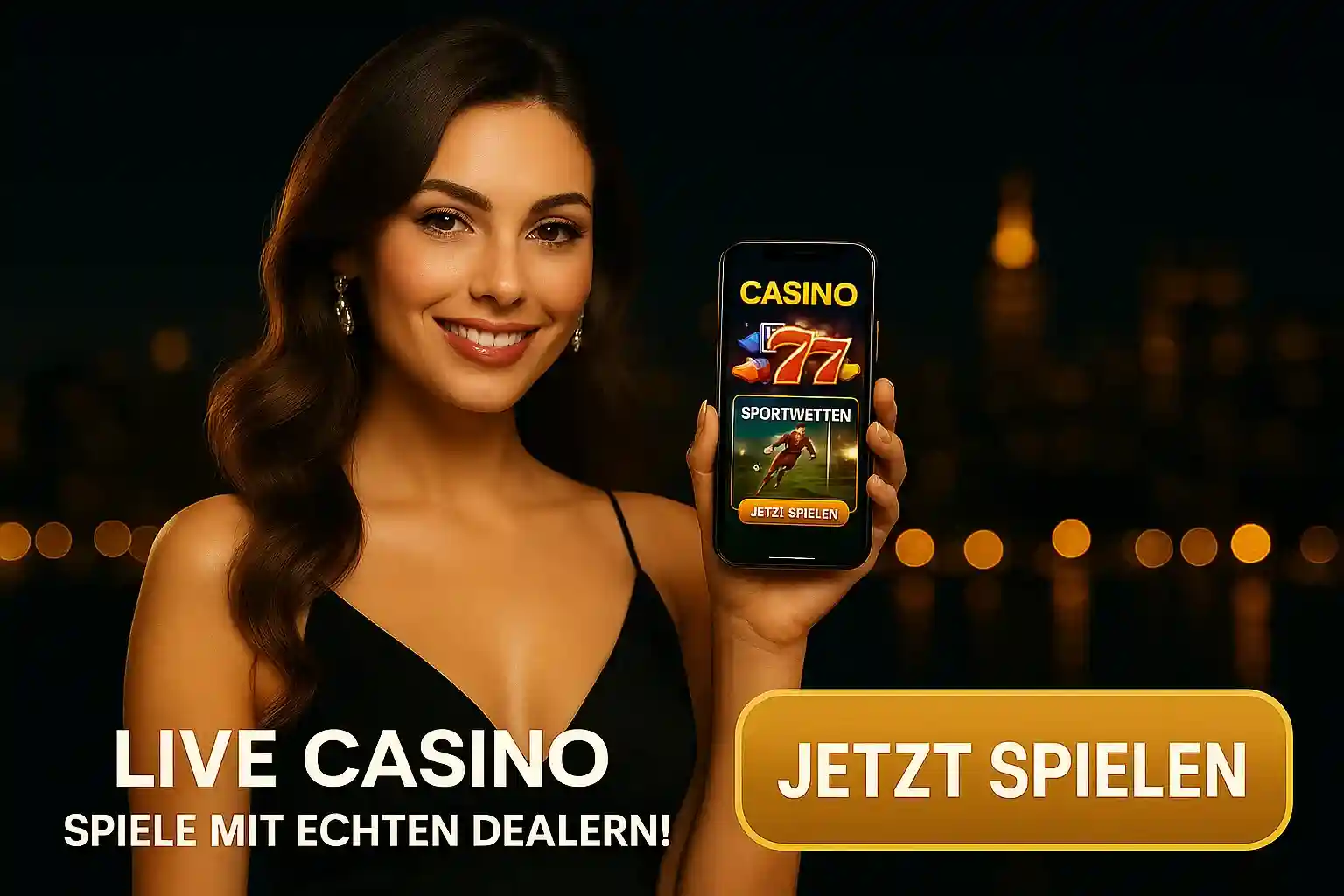 Cleobetra Live Casino - Spiele mit echten Dealern mobil Cleobetra Live Casino mit echten Dealern - Lächelnde Frau präsentiert Smartphone mit Live-Casino-Interface, elegante Abendkleidung