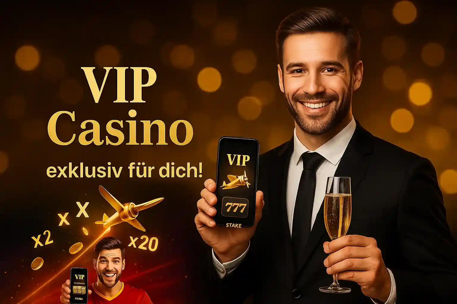 Cleobetra VIP Casino - Exklusive Boni und Premium-Service Cleobetra VIP Casino exklusiv - Eleganter Mann im Anzug mit Champagnerglas und Smartphone, goldene Multiplikatoren und Luxus-Ambiente