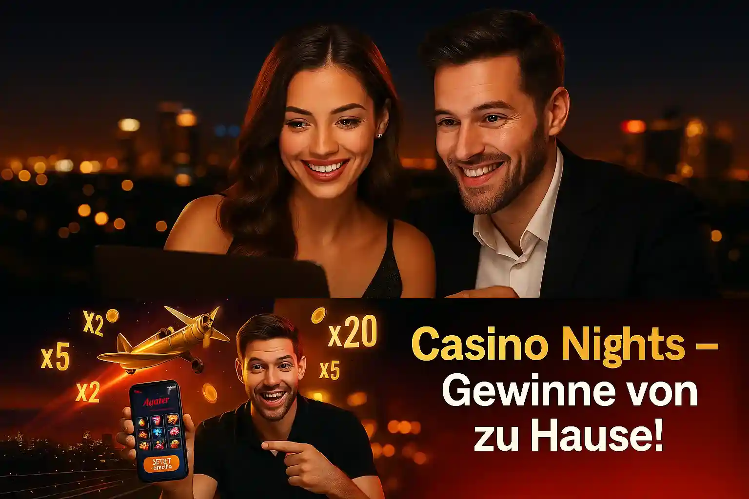 Cleobetra Casino Nights - Elegantes Paar lächelt, Mann zeigt Aviator-Spiel auf Handy, goldene Multiplikatoren und Stadtlichter