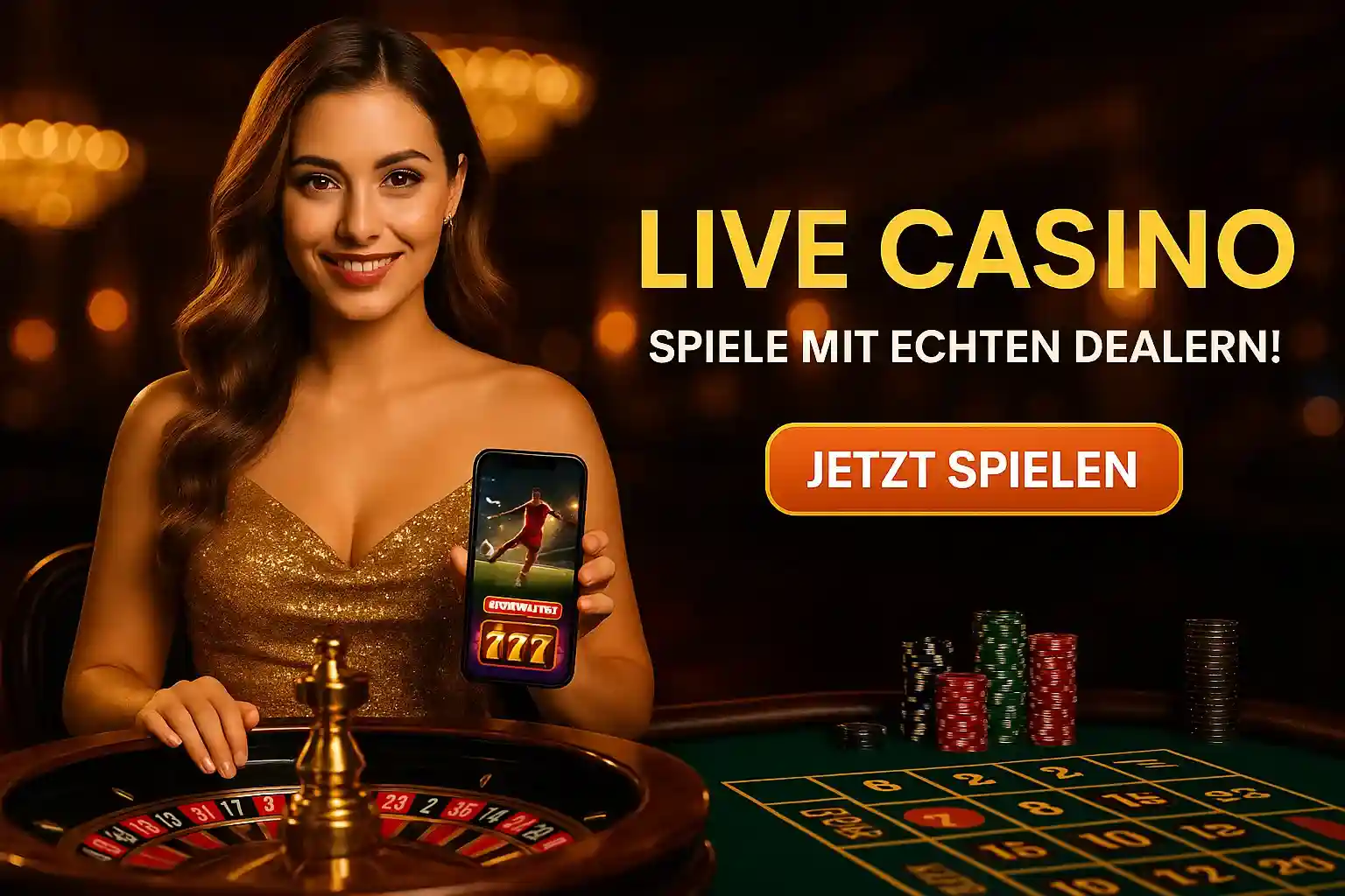 Cleobetra Live Casino Dealerin - Elegante Frau im goldenen Kleid mit Smartphone am Roulette-Tisch, Casino-Chips und warme Beleuchtung