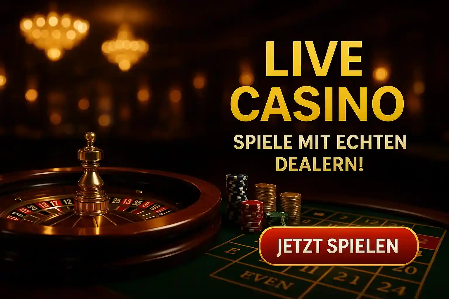 Cleobetra Live Casino mit echten Dealern - Roulette-Tisch mit goldenen Chips, elegante Kronleuchter-Beleuchtung im Luxus-Ambiente
