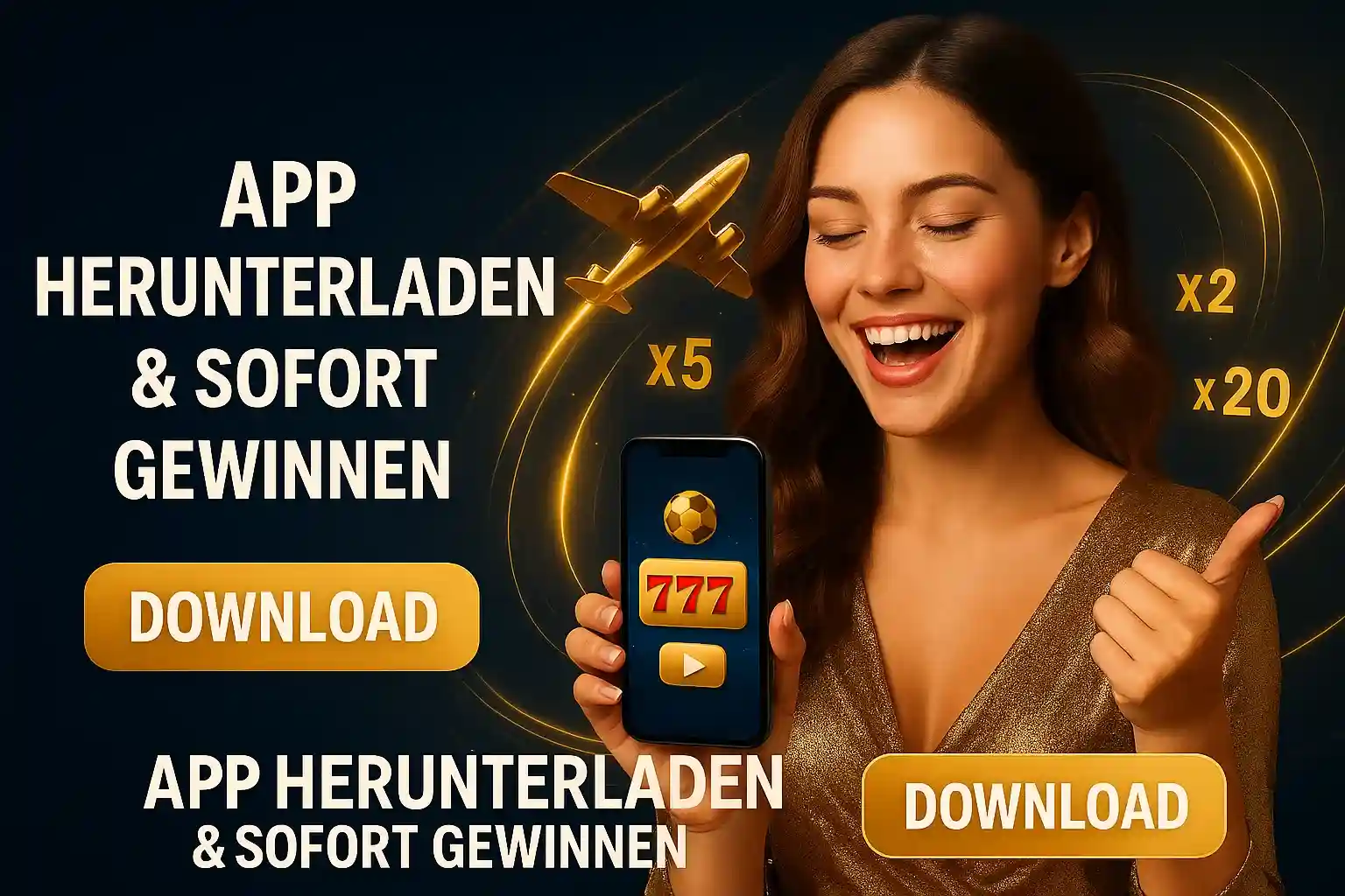 Cleobetra App Download - Frau zeigt goldenes Flugzeug mit x5 Multiplikator, sofortige Gewinne nach dem Herunterladen möglich