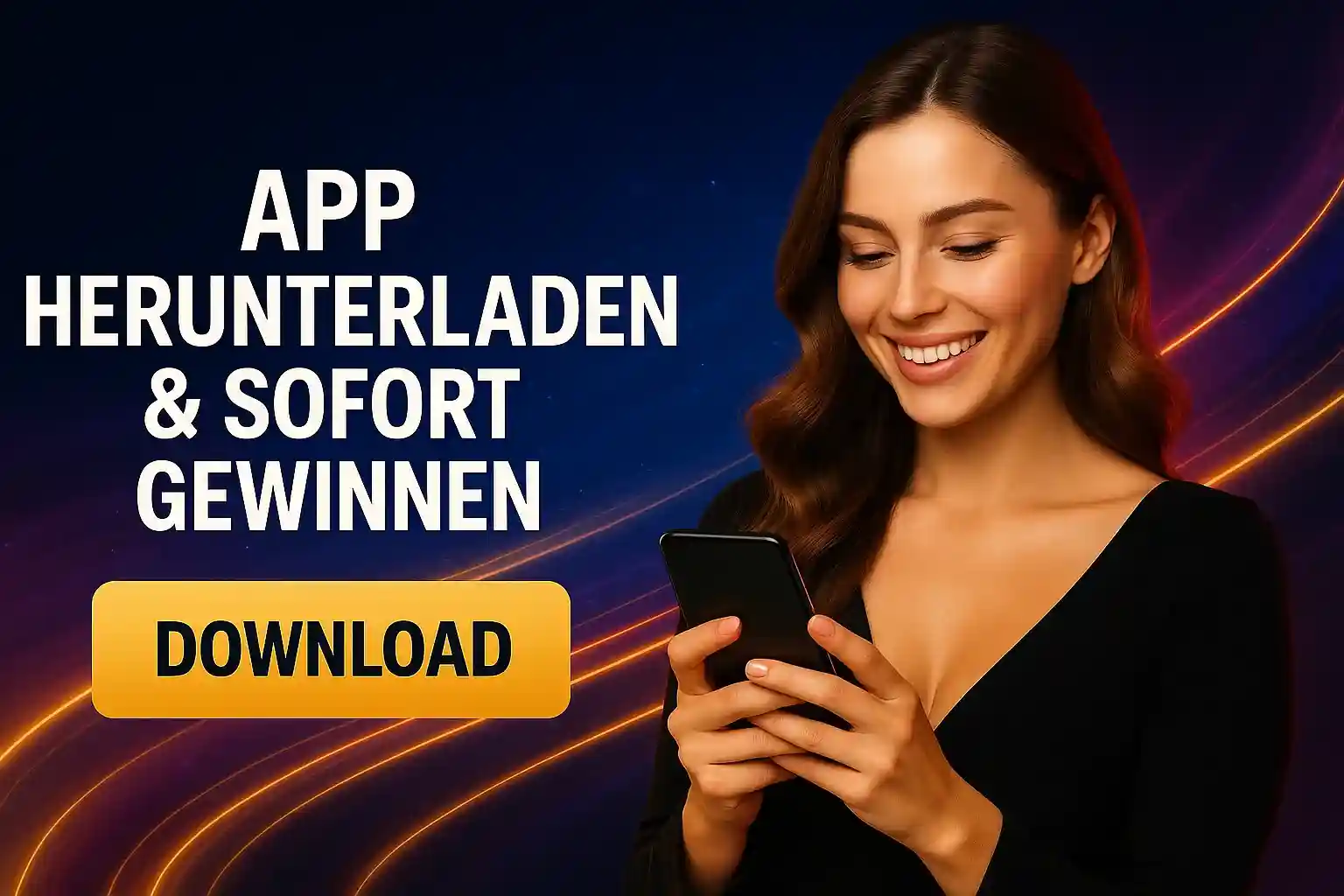 Cleobetra App herunterladen & sofort gewinnen - Frau mit Smartphone vor bunten Neon-Linien, Download-Button prominent platziert
