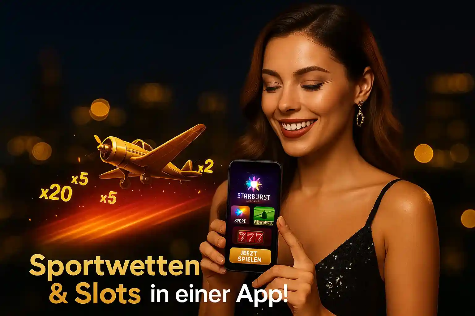 Cleobetra Sportwetten & Slots App - Elegante Frau zeigt Handy mit Starburst-Spiel, goldenes Flugzeug und Multiplikatoren