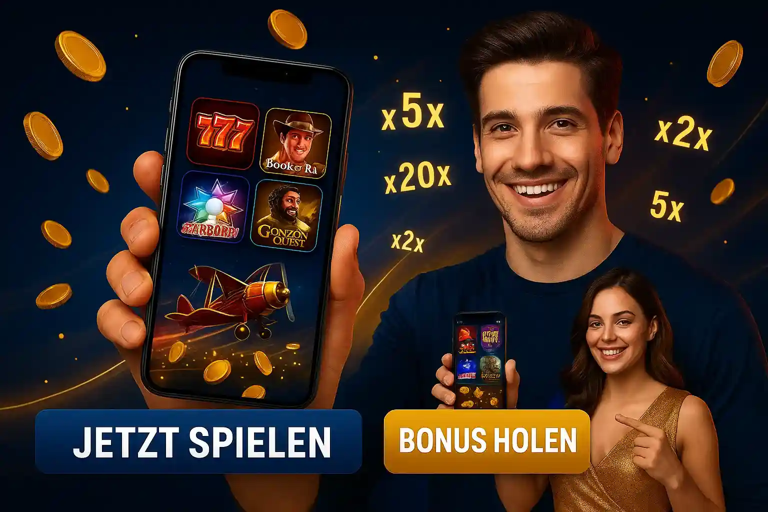 Cleobetra Mobile Slots - Book of Ra und Top-Spiele mit Bonus Cleobetra Mobile Casino Slots - Mann und Frau zeigen Smartphones mit Book of Ra und anderen Slot-Spielen, goldene Münzen und Multiplikatoren