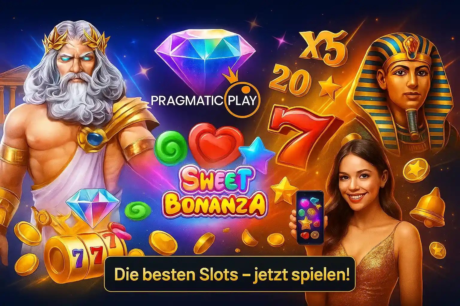 Cleobetra Premium Slots - Pragmatic Play Spiele jetzt verfügbar Cleobetra Pragmatic Play Slots - Sweet Bonanza und mythologische Spiele mit Zeus und Pharao-Figuren, bunte Casino-Symbole und Edelsteine