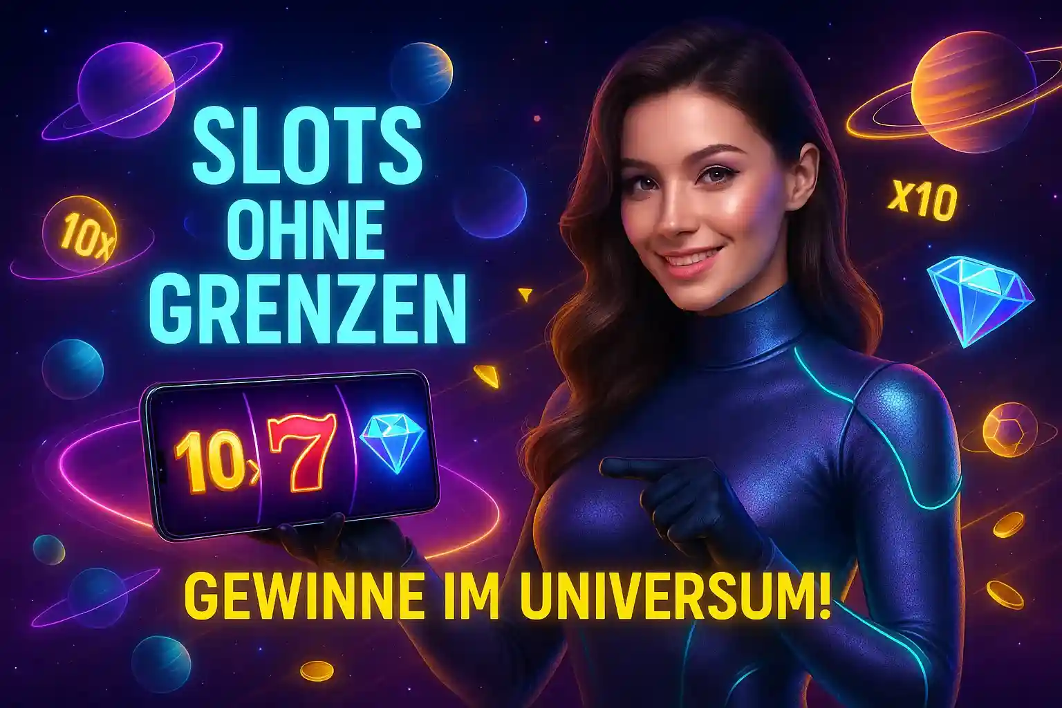 Cleobetra Space Slots - Grenzenlose Gewinne im Weltraum-Casino Cleobetra Slots ohne Grenzen - Futuristische Frau im Weltraum-Anzug mit Tablet, Planeten und kosmische Elemente, Gewinne im Universum
