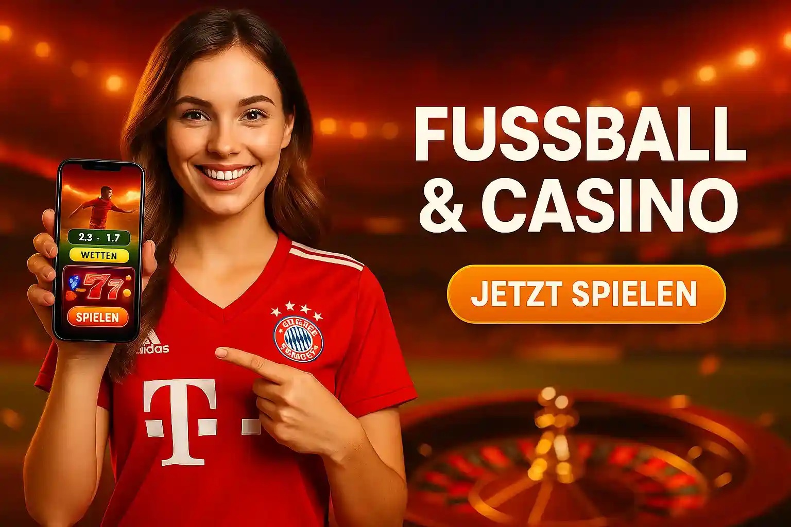 Cleobetra Fußball-Casino - Wetten und Slots für Bayern-Fans Cleobetra Fußball & Casino - Lächelnde Frau im Bayern München Trikot mit Smartphone, Fußball-Wetten und Casino-Slots kombiniert