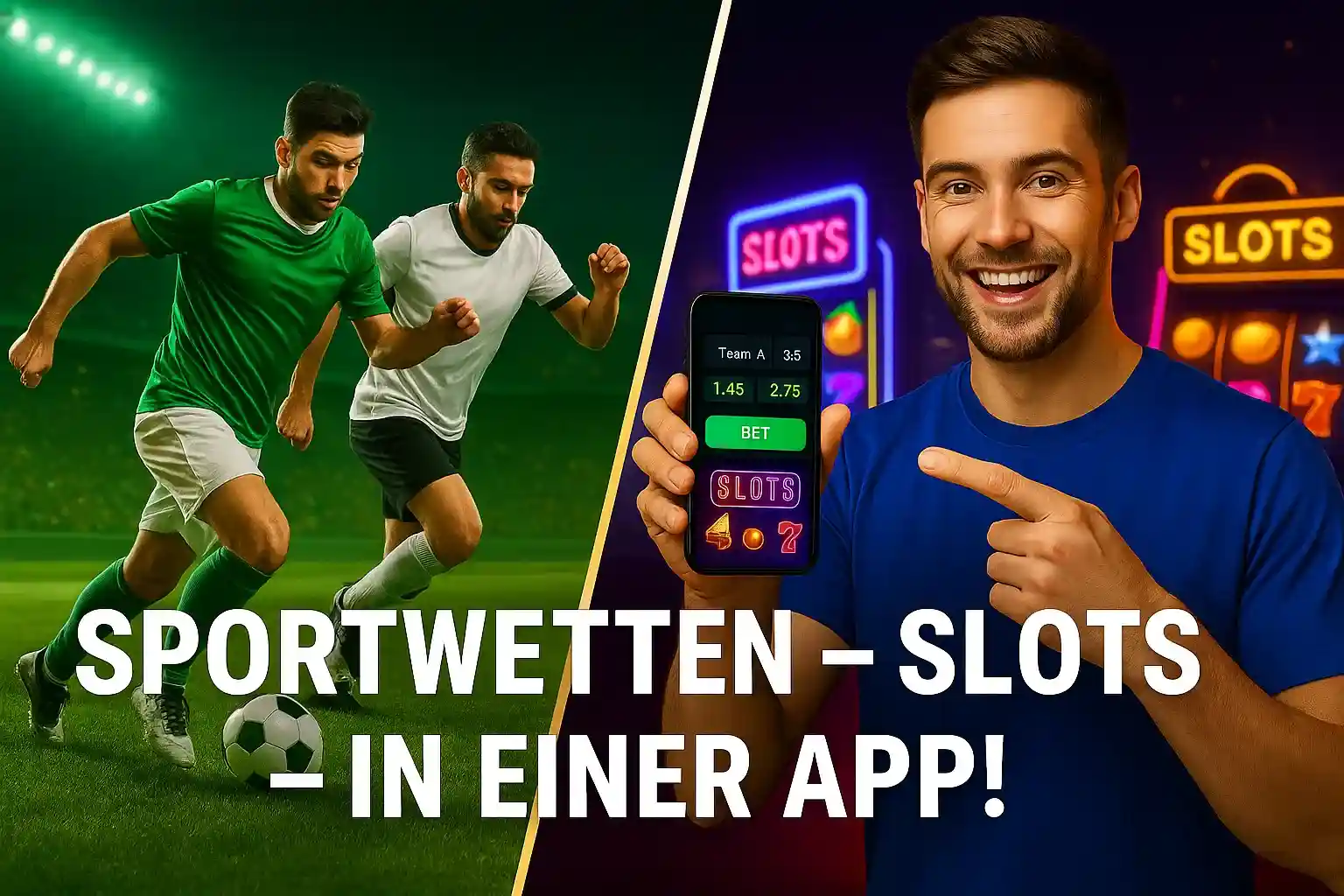 Cleobetra Mobile - Sportwetten und Slots in einer praktischen App Cleobetra Sportwetten-Slots App - Mann zeigt Handy mit Wettquoten, Fußballspieler im Hintergrund, Neon-Casino-Atmosphäre