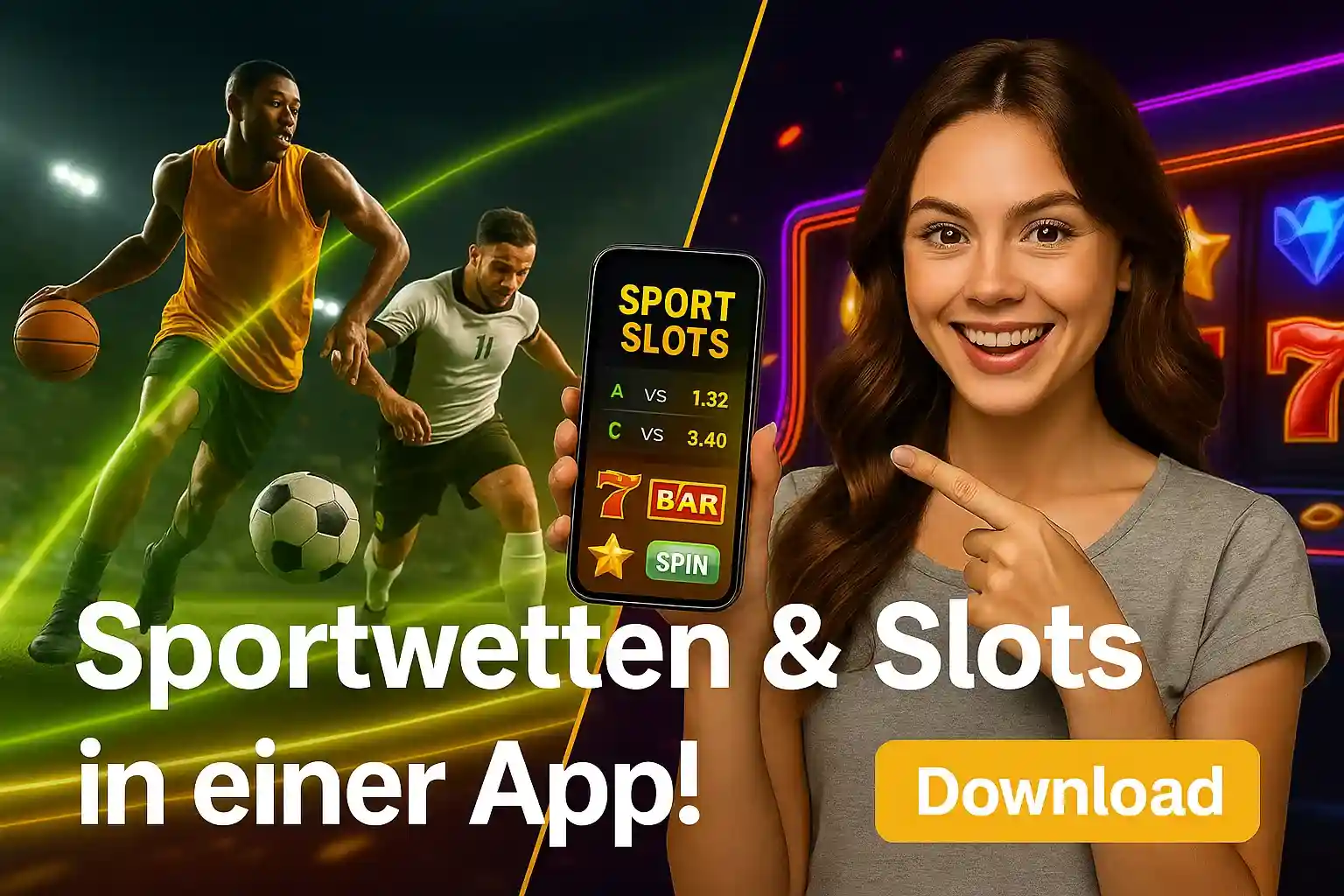 Cleobetra All-in-One - Sportwetten und Casino Slots mobil Cleobetra Sportwetten & Slots App - Frau zeigt Smartphone, Basketball- und Fußballspieler, bunte Neon-Casino-Symbole im Hintergrund