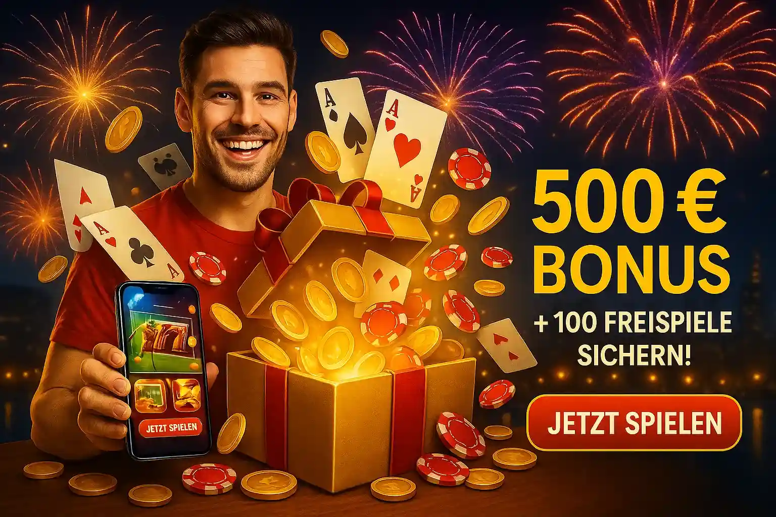 Cleobetra 500€ Bonus + 100 Freispiele - Jetzt Casino Bonus sichern Cleobetra Casino 500€ Bonus Angebot - Lächelnder Mann hält Handy, Spielkarten und Chips fliegen aus Geschenkbox, Feuerwerk im Hintergrund