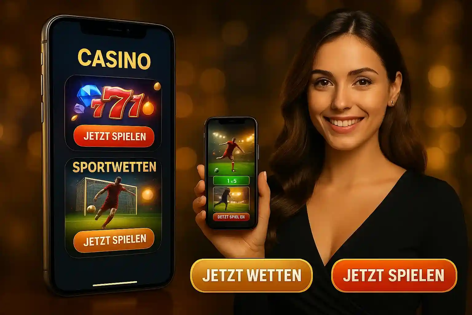 Cleobetra Mobile Casino - Slots und Sportwetten in einer App Cleobetra Casino und Sportwetten App - Elegante Frau präsentiert Smartphone mit Casino-Slots und Fußball-Wetten, goldene Lichter im Hintergrund