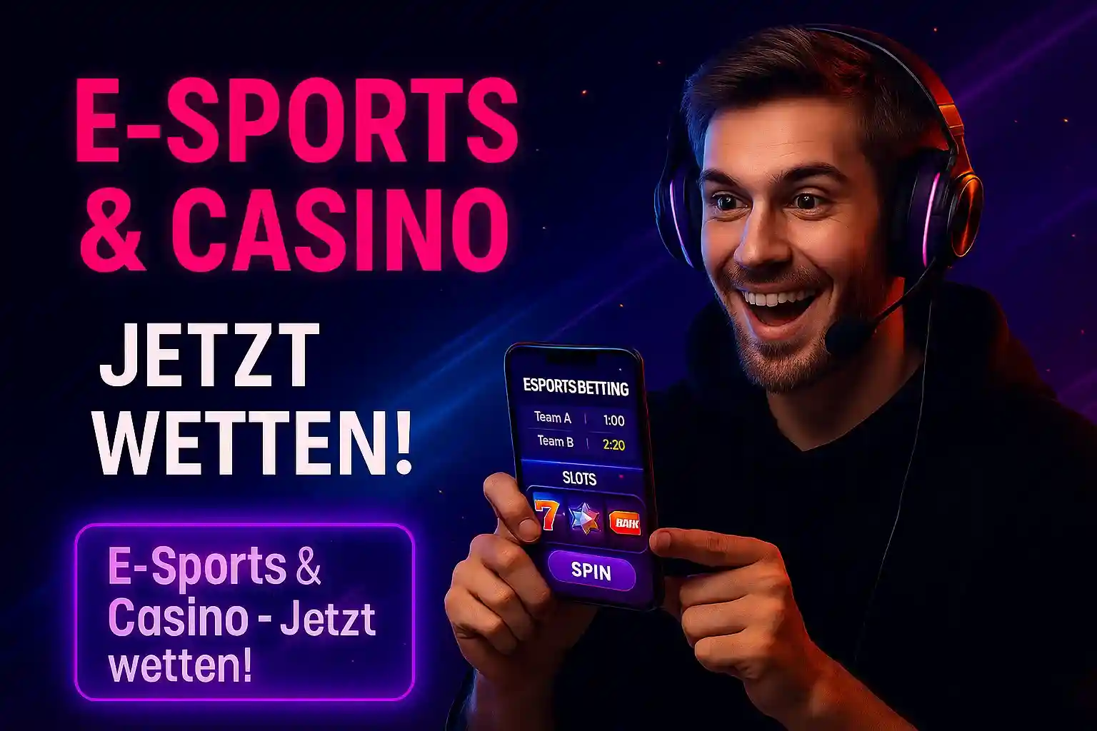 Cleobetra E-Sports Casino - Jetzt mobil wetten und spielen Cleobetra E-Sports und Casino Wetten - Junger Mann mit Gaming-Headset zeigt Smartphone mit Sportwetten-App, dunkler Hintergrund mit Neonlicht-Effekten